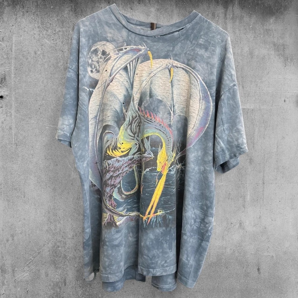 The Mountain blue tie-dye cotton t-shirt with dragon graphic size XXL distressed